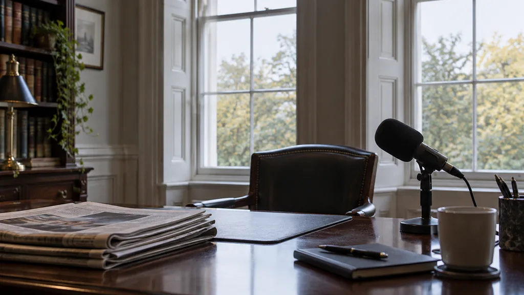 An empty workspace in a Georgian townhouse office in Edinburgh on a crisp morning, folded newspapers and a switched-off broadcast microphone on a polished mahogany desk, tall sash windows with cool northern light
