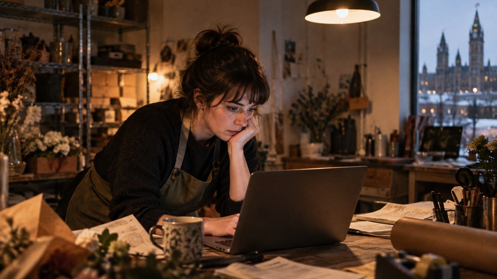 A small-business owner in an apron leaning over a laptop on a cluttered back-office desk late in the day, photographed in Ottawa