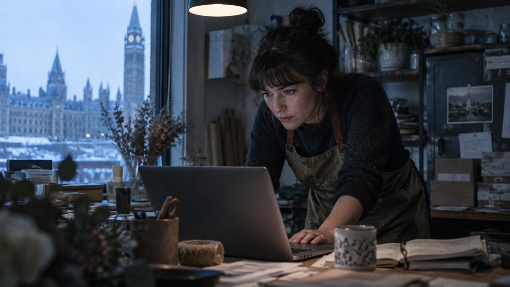 A small-business owner in an apron leaning over a laptop on a cluttered back-office desk late in the day, photographed in Ottawa