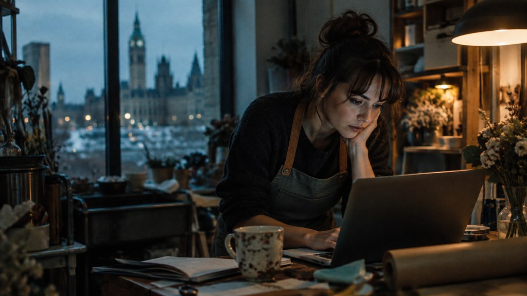 A small-business owner in an apron leaning over a laptop on a cluttered back-office desk late in the day, photographed in Ottawa