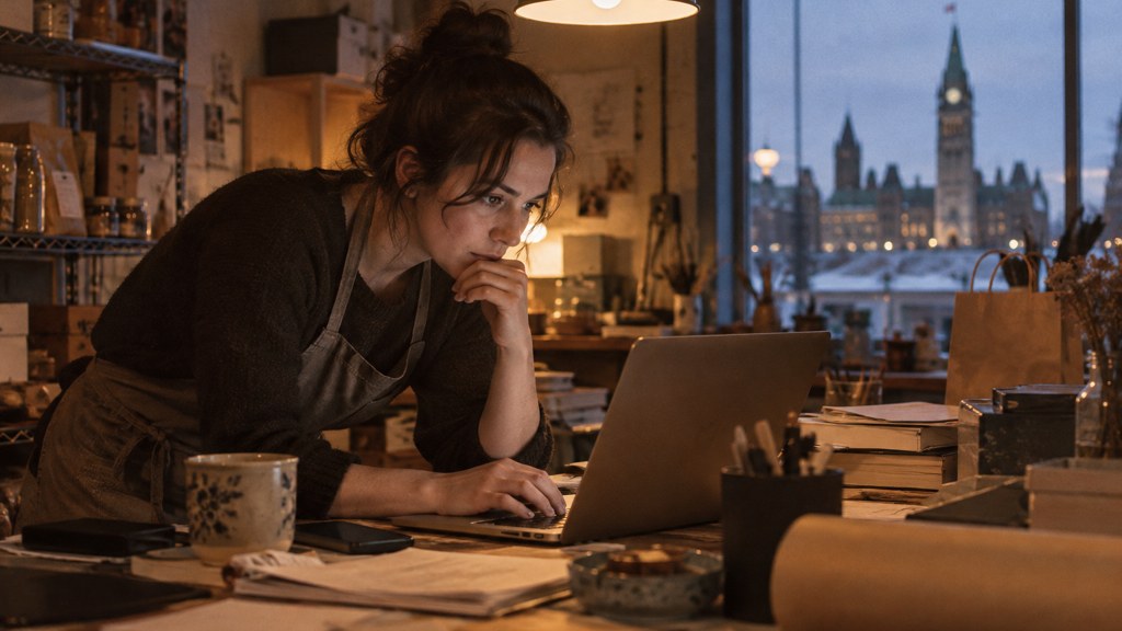 A small-business owner in an apron leaning over a laptop on a cluttered back-office desk late in the day, photographed in Ottawa