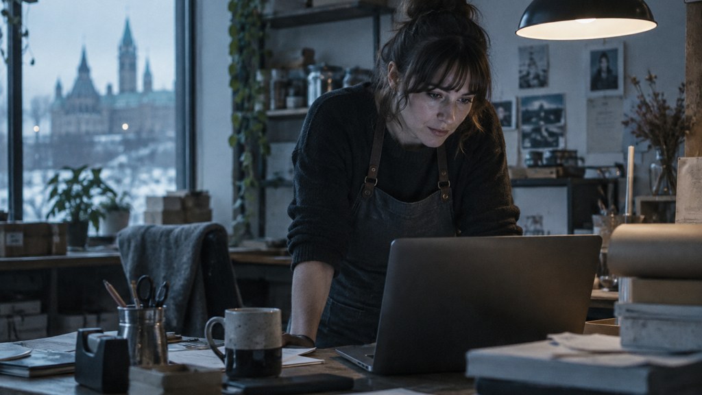 A small-business owner in an apron leaning over a laptop on a cluttered back-office desk late in the day, photographed in Ottawa