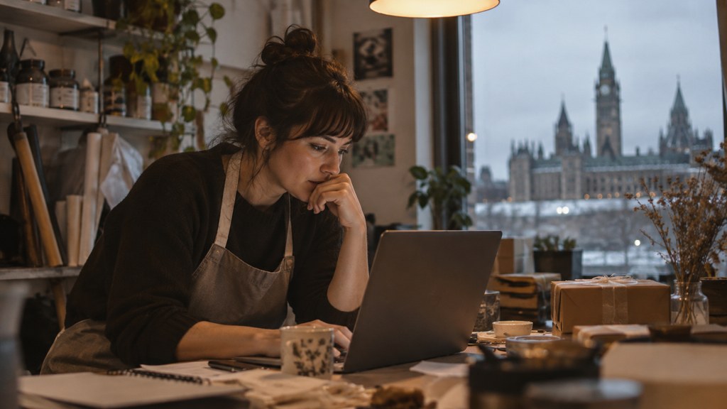 A small-business owner in an apron leaning over a laptop on a cluttered back-office desk late in the day, photographed in Ottawa