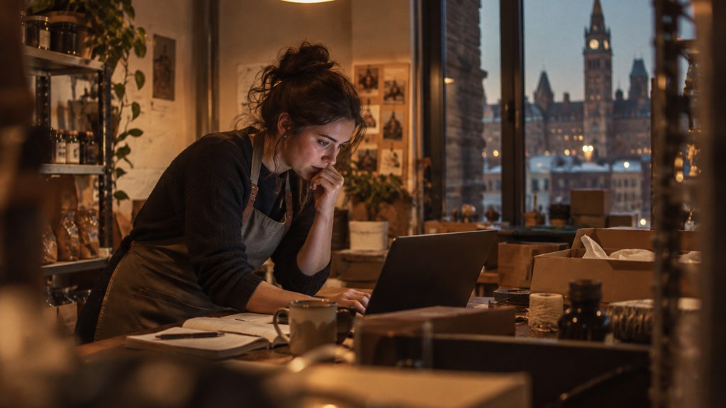 A small-business owner in an apron leaning over a laptop on a cluttered back-office desk late in the day, photographed in Ottawa