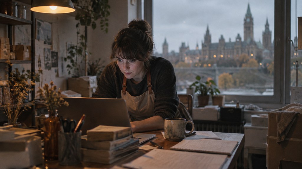 A small-business owner in an apron leaning over a laptop on a cluttered back-office desk late in the day, photographed in Ottawa