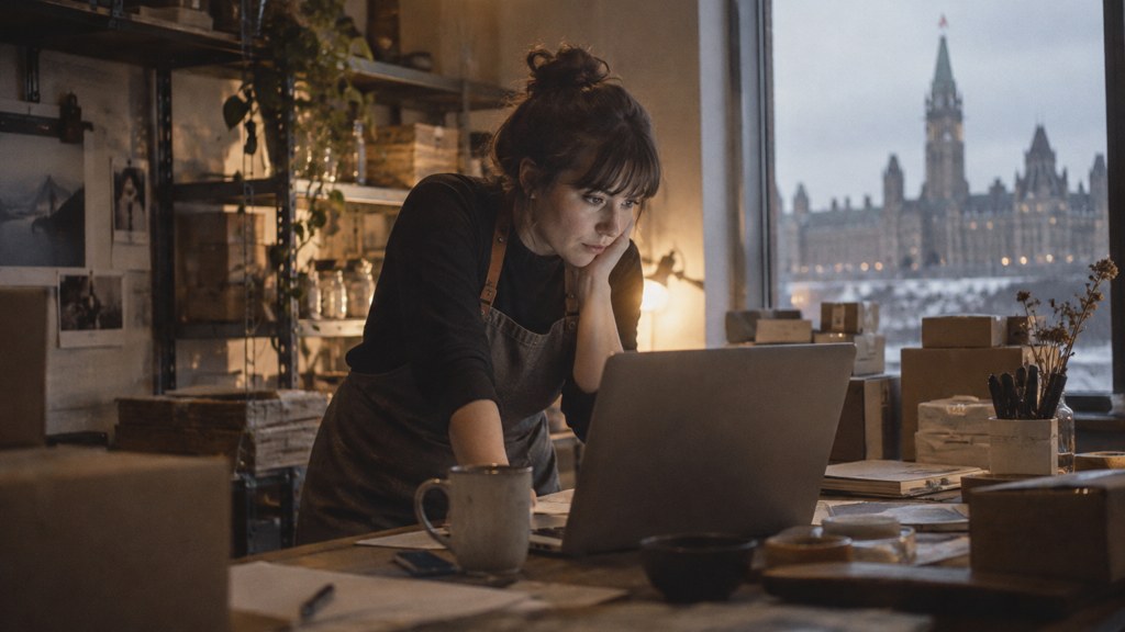 A small-business owner in an apron leaning over a laptop on a cluttered back-office desk late in the day, photographed in Ottawa