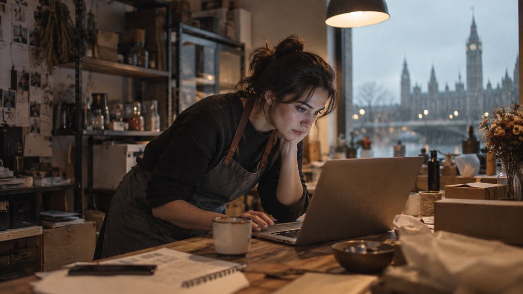 A small-business owner in an apron leaning over a laptop on a cluttered back-office desk late in the day, photographed in Ottawa