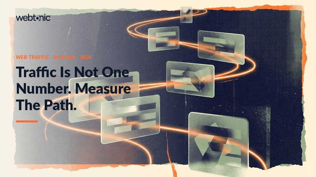 Web traffic statistics thumbnail showing 90 billion sessions benchmark and traffic-to-conversion measurement path