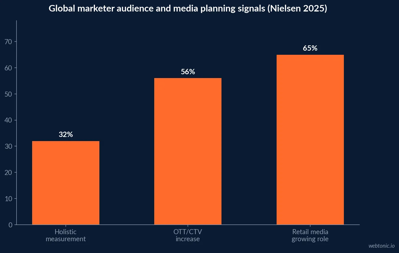 Bar chart of audience and media planning evidence from Nielsen 2025: 32 percent holistic measurement, 56 percent planning OTT or CTV spend increases, and 65 percent expecting retail media to grow in strategic importance