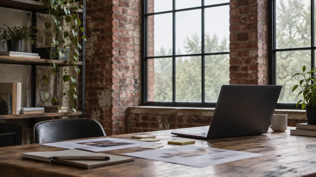 An empty workspace in a converted red-brick cotton mill studio in Ancoats on a grey morning, a dark laptop beside printed A/B page variants and sticky notes on a scarred oak desk, tall iron-framed windows with soft silver light