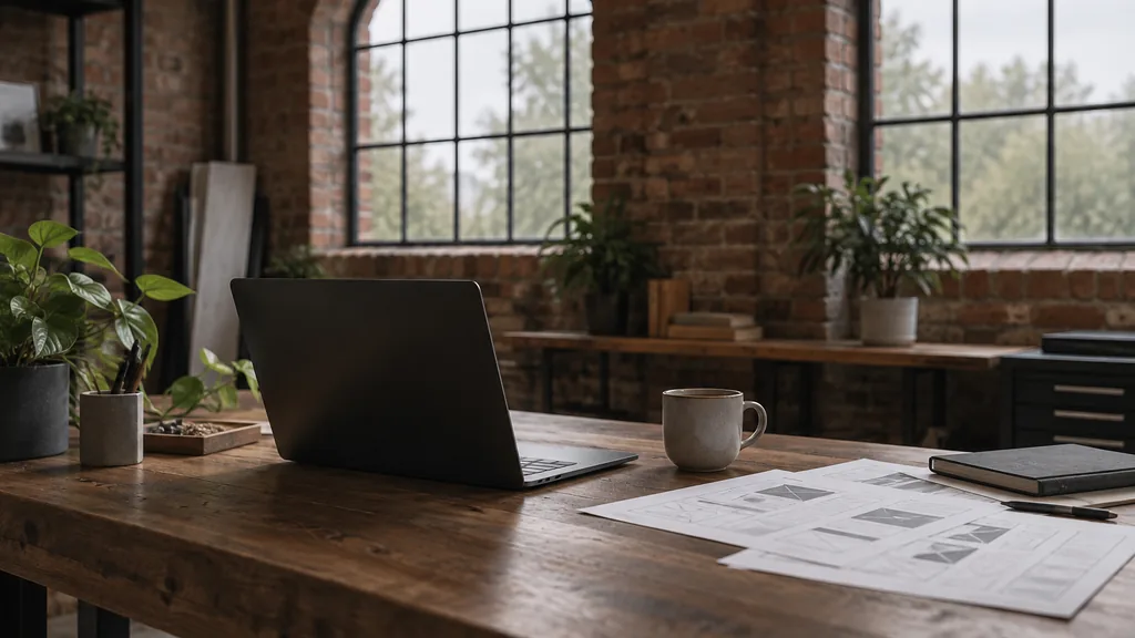 An empty workspace in a red-brick Jewellery Quarter workshop converted into a studio on an overcast afternoon, a dark laptop beside printed wireframes and a coffee cup on a walnut bench, arched workshop windows with soft grey light