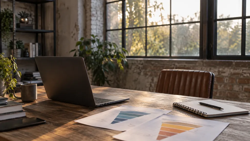 An empty workspace in a harbourside warehouse studio in Bristol in late afternoon, a dark laptop beside printed funnel diagrams and a notebook on a weathered teak desk, large steel-framed windows with soft golden light