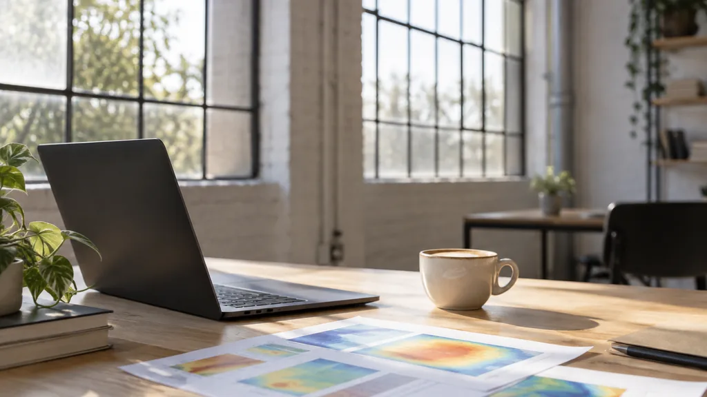 An empty workspace in a Richmond warehouse studio in Melbourne on a bright winter morning, a dark laptop beside printed heatmap sheets and a flat white on a pale timber desk, tall factory windows with soft white light