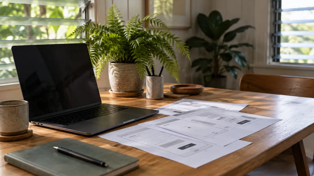 An empty workspace in a Queenslander-style timber studio in Brisbane on a humid morning, a dark laptop beside printed checkout wireframes and a potted fern on a light hoop-pine desk, louvred windows with soft green-filtered light