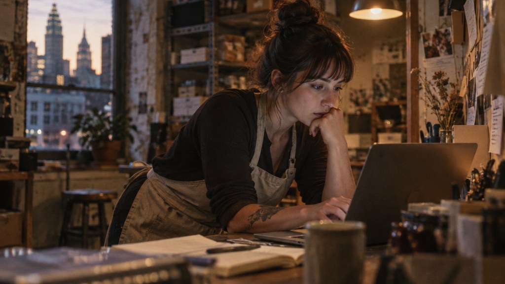 A small-business owner in an apron leaning over a laptop on a cluttered back-office desk late in the day, photographed in Philadelphia