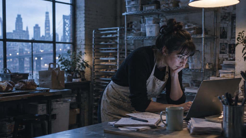A small-business owner in an apron leaning over a laptop on a cluttered back-office desk late in the day, photographed in Philadelphia