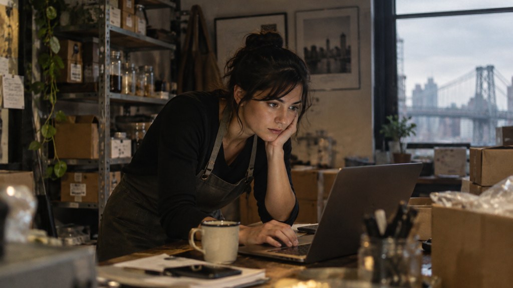 A small-business owner in an apron leaning over a laptop on a cluttered back-office desk late in the day, photographed in Philadelphia