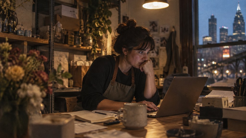A small-business owner in an apron leaning over a laptop on a cluttered back-office desk late in the day, photographed in Philadelphia