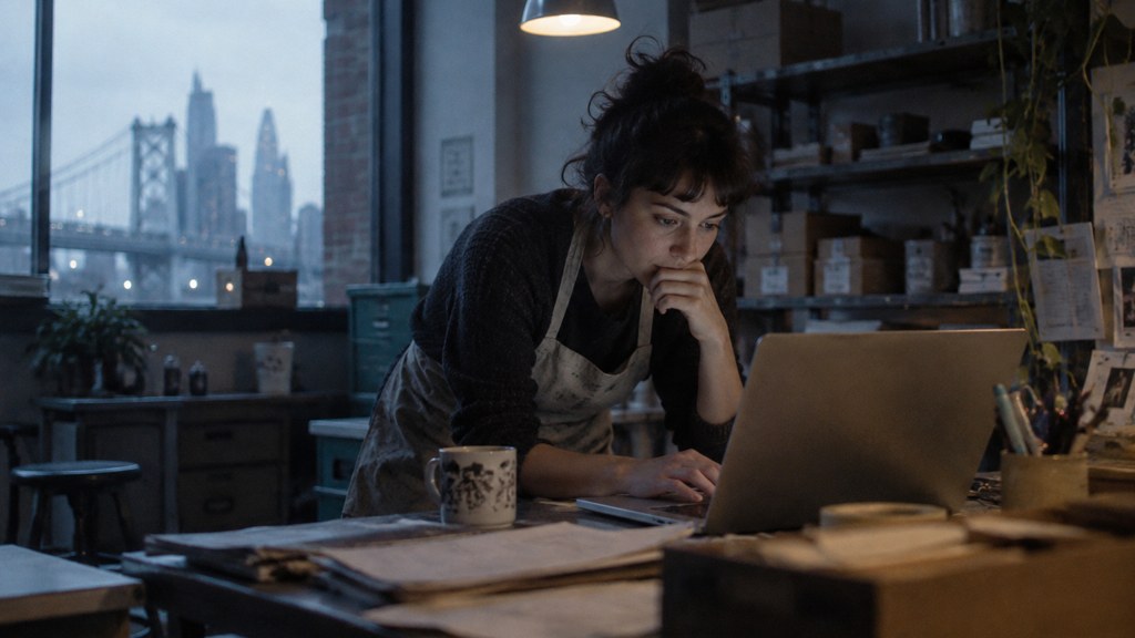 A small-business owner in an apron leaning over a laptop on a cluttered back-office desk late in the day, photographed in Philadelphia