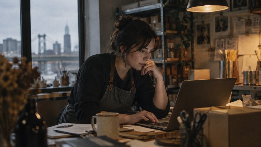 A small-business owner in an apron leaning over a laptop on a cluttered back-office desk late in the day, photographed in Philadelphia