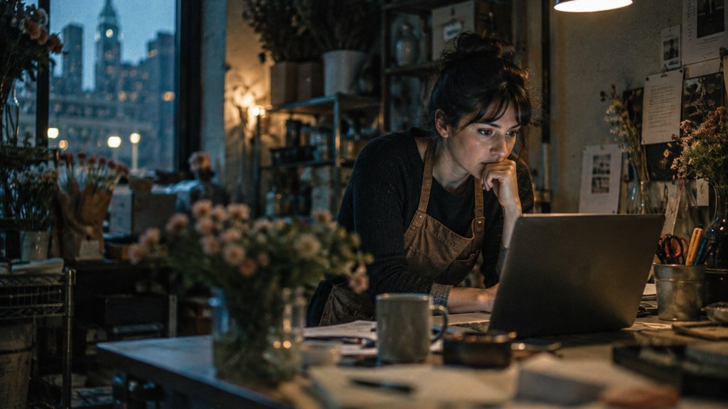 A small-business owner in an apron leaning over a laptop on a cluttered back-office desk late in the day, photographed in Philadelphia