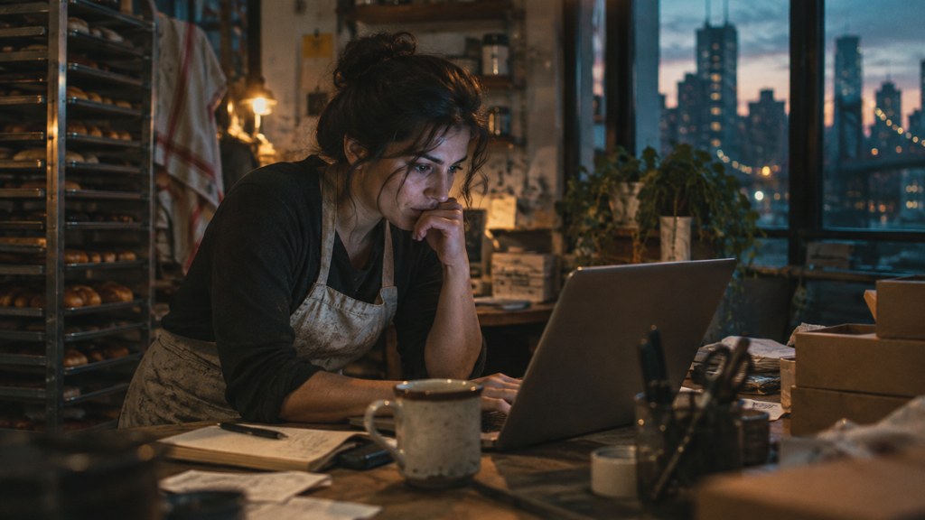 A small-business owner in an apron leaning over a laptop on a cluttered back-office desk late in the day, photographed in Philadelphia