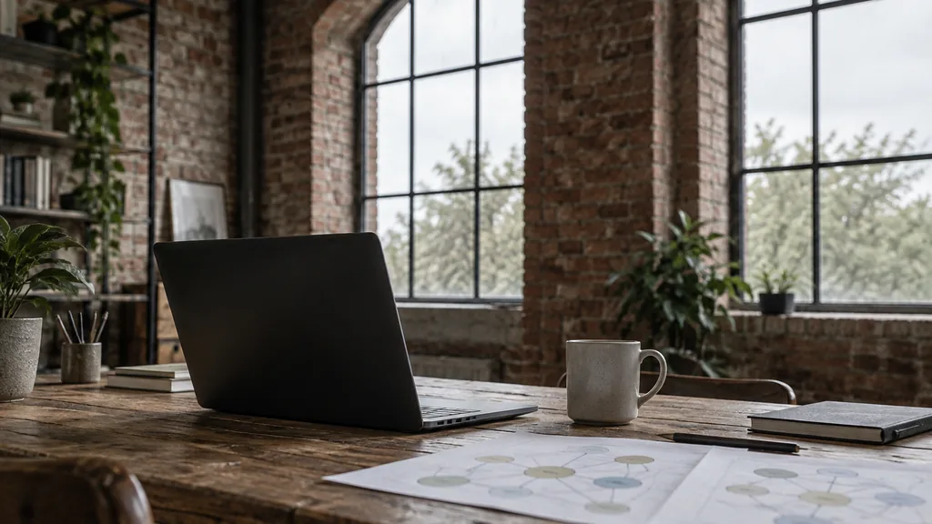An empty workspace in a converted Baltic Triangle warehouse studio on a blustery morning, a dark laptop beside printed keyword maps and a mug on a reclaimed pine desk, arched brick windows with pale grey light