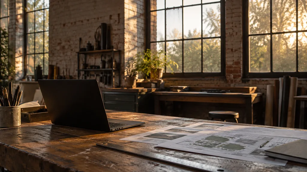 An empty workspace in a former cutlery-works studio in Kelham Island in late afternoon, a dark laptop beside printed site-audit sheets and a steel ruler on a scuffed oak bench, tall multi-pane windows with warm amber light