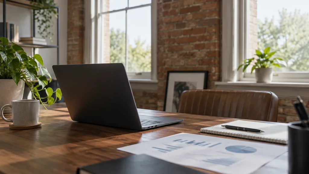 An empty workspace in a Lace Market loft studio on a quiet morning, a dark laptop beside printed search-traffic charts and a notebook on a walnut desk, tall sash windows with soft white light