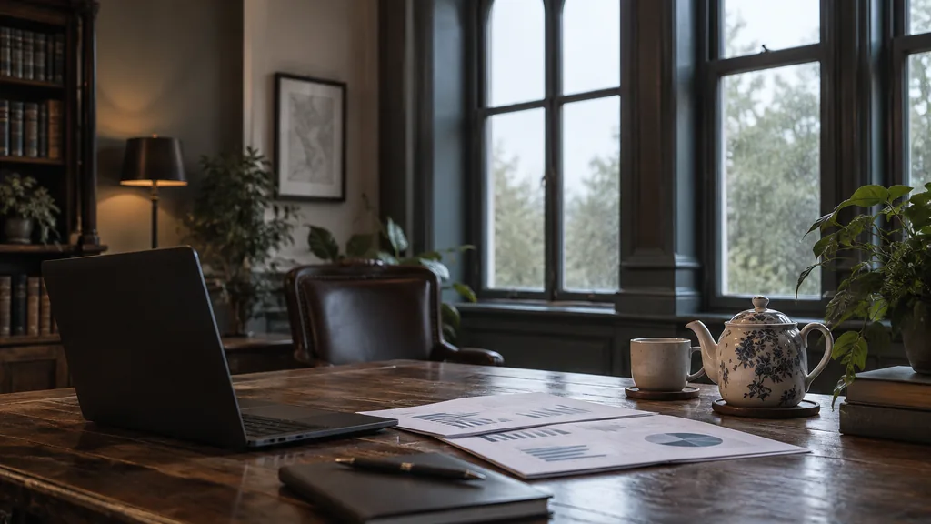 An empty workspace in a Victorian office studio in Cardiff Bay on a damp afternoon, a dark laptop beside printed backlink reports and a teapot on an oak table, high arched windows with cool silver light