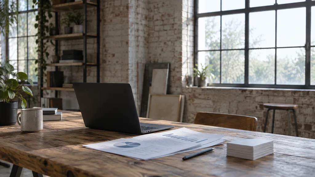 An empty workspace in an Ouseburn Valley warehouse studio on a cold bright morning, a dark laptop beside printed ranking reports and a stack of index cards on a scrubbed timber desk, big iron-framed windows with crisp white light