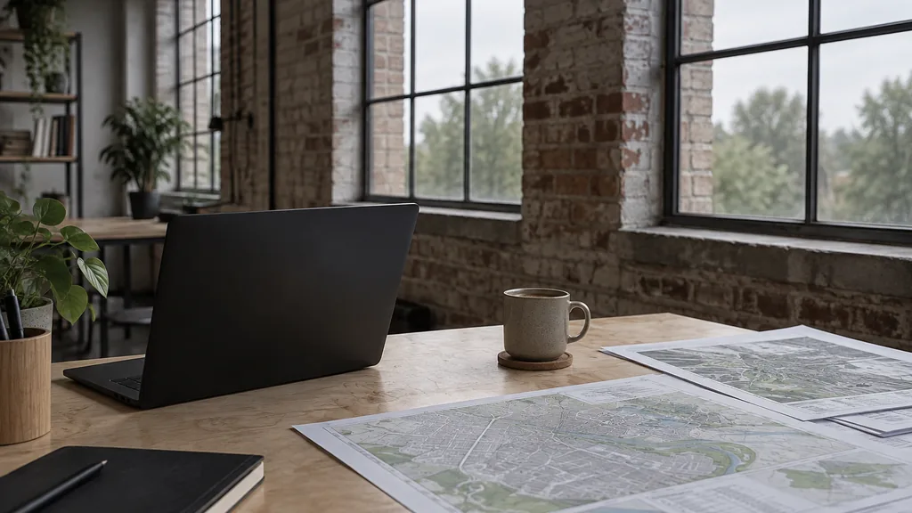 An empty workspace in a converted hosiery-factory studio in Leicester on an overcast afternoon, a dark laptop beside printed local map-pack sheets and a coffee on a birch desk, wide factory windows with diffuse grey light
