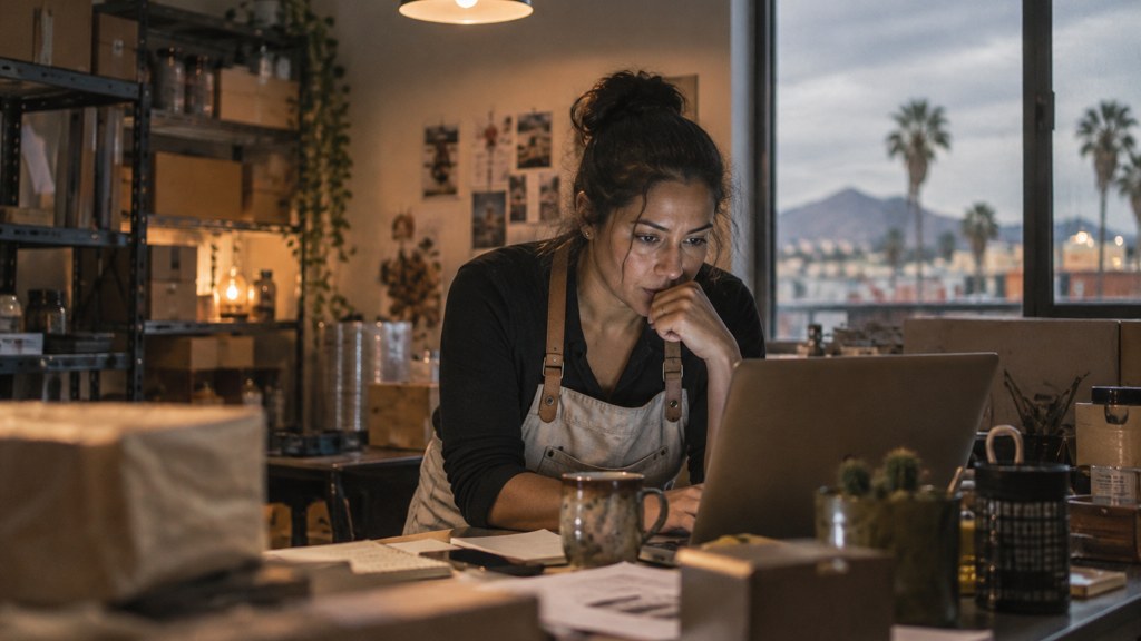 A small-business owner in an apron leaning over a laptop on a cluttered back-office desk late in the day, photographed in Phoenix