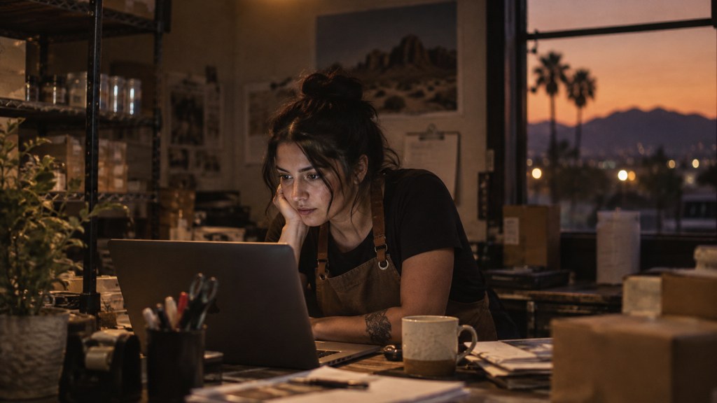 A small-business owner in an apron leaning over a laptop on a cluttered back-office desk late in the day, photographed in Phoenix