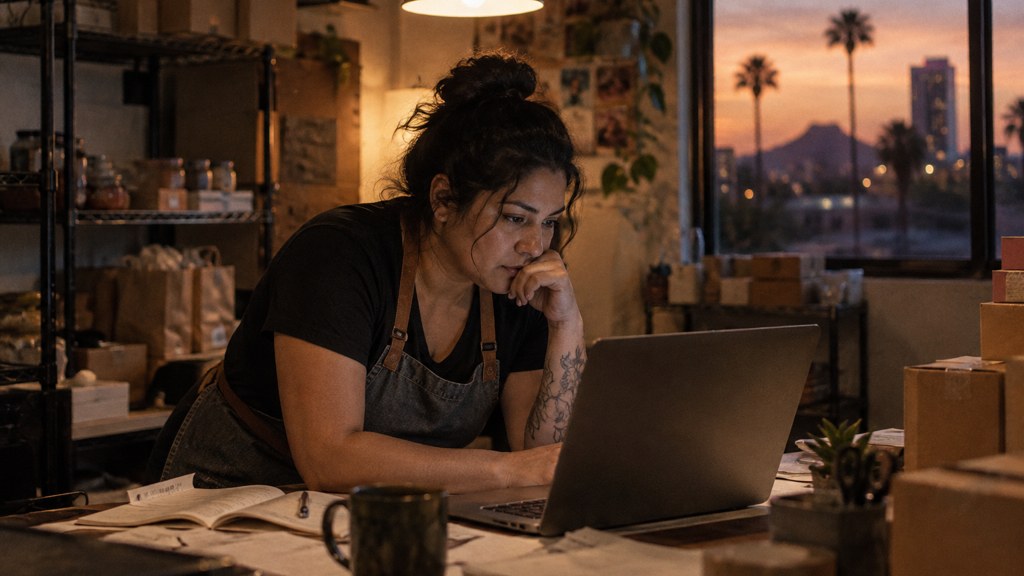 A small-business owner in an apron leaning over a laptop on a cluttered back-office desk late in the day, photographed in Phoenix