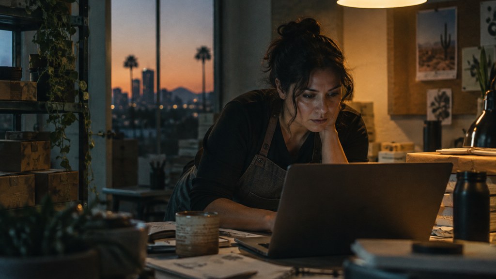 A small-business owner in an apron leaning over a laptop on a cluttered back-office desk late in the day, photographed in Phoenix