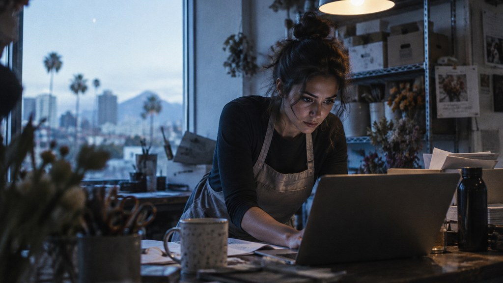 A small-business owner in an apron leaning over a laptop on a cluttered back-office desk late in the day, photographed in Phoenix