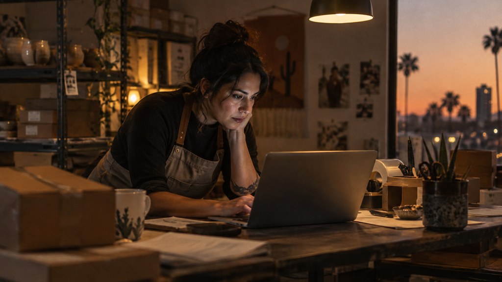 A small-business owner in an apron leaning over a laptop on a cluttered back-office desk late in the day, photographed in Phoenix