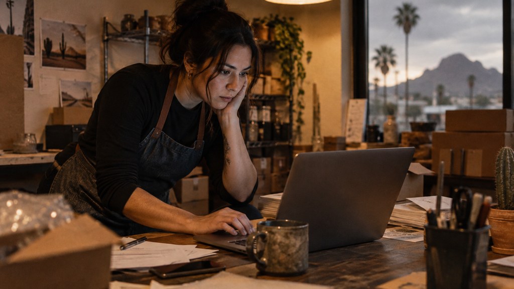 A small-business owner in an apron leaning over a laptop on a cluttered back-office desk late in the day, photographed in Phoenix