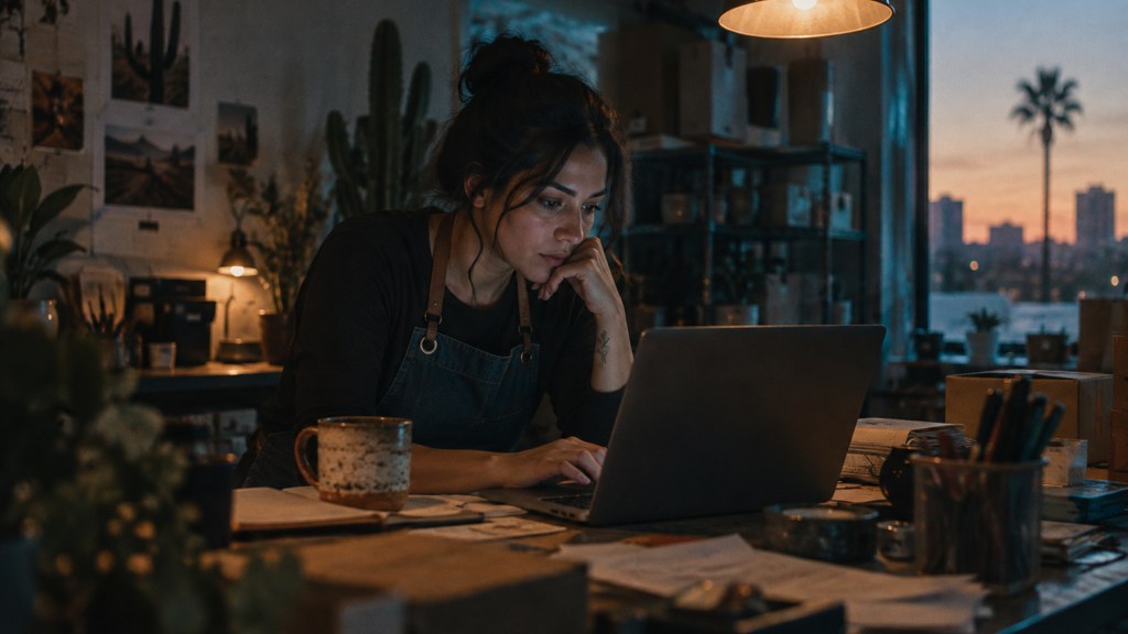 A small-business owner in an apron leaning over a laptop on a cluttered back-office desk late in the day, photographed in Phoenix
