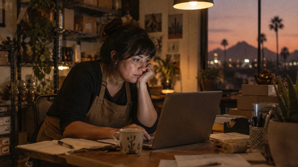 A small-business owner in an apron leaning over a laptop on a cluttered back-office desk late in the day, photographed in Phoenix