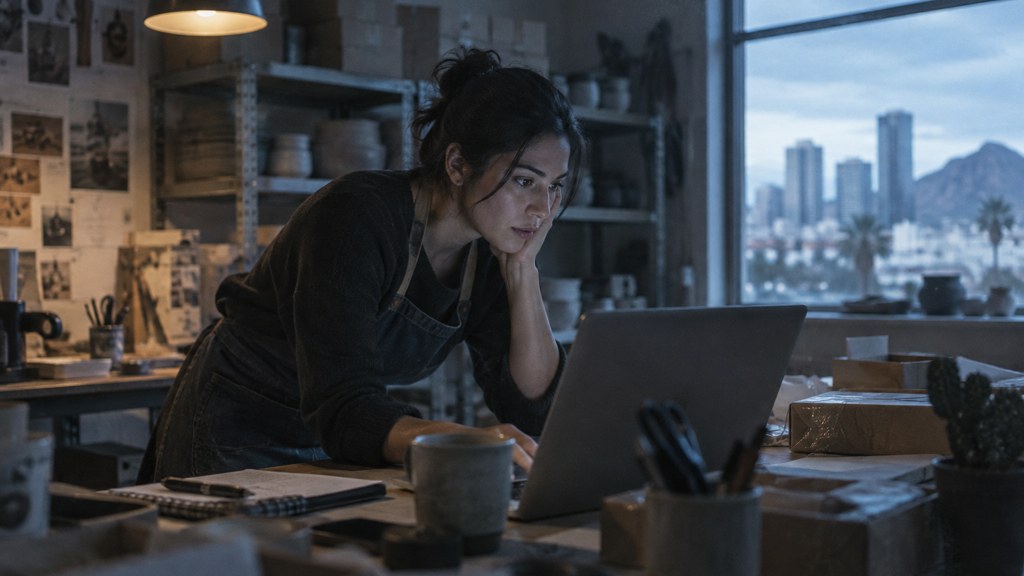 A small-business owner in an apron leaning over a laptop on a cluttered back-office desk late in the day, photographed in Phoenix