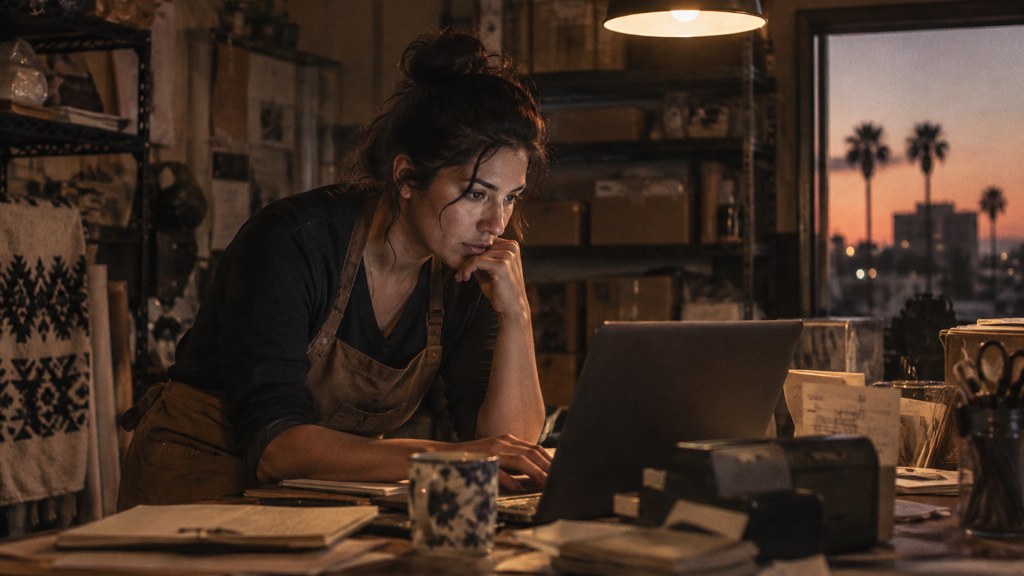 A small-business owner in an apron leaning over a laptop on a cluttered back-office desk late in the day, photographed in Phoenix