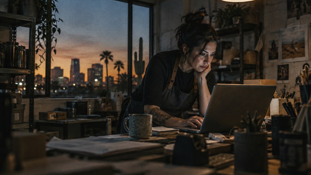 A small-business owner in an apron leaning over a laptop on a cluttered back-office desk late in the day, photographed in Phoenix