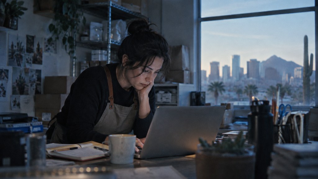 A small-business owner in an apron leaning over a laptop on a cluttered back-office desk late in the day, photographed in Phoenix