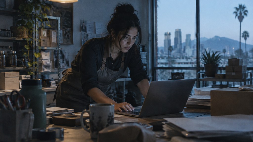 A small-business owner in an apron leaning over a laptop on a cluttered back-office desk late in the day, photographed in Phoenix