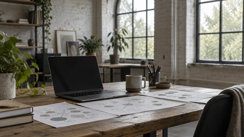 An empty workspace in a converted linen-warehouse studio in the Cathedral Quarter on a soft grey morning, a dark laptop beside printed keyword maps and a mug on a reclaimed oak desk, tall arched windows with pale light