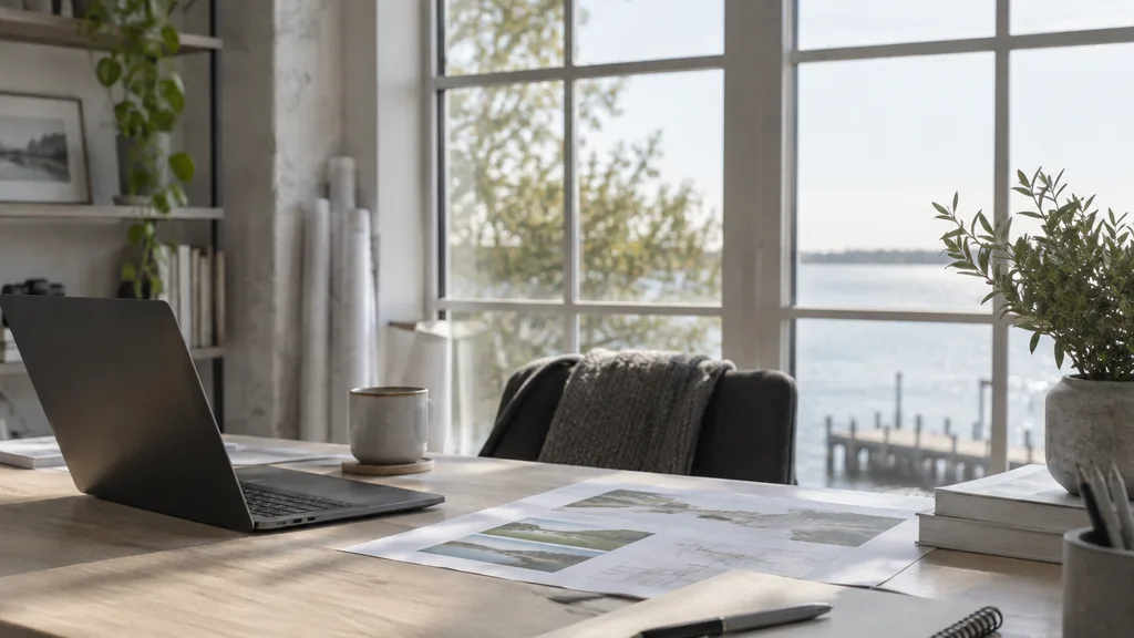 An empty workspace in a harbour-side loft studio in Southampton on a breezy afternoon, a dark laptop beside printed site-audit sheets and a notebook on a pale ash desk, wide windows with bright silver light