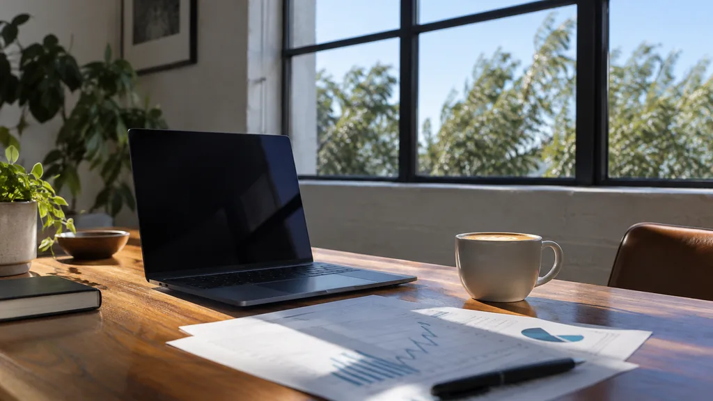 An empty workspace in a small Te Aro studio on a windy clear morning, a dark laptop beside printed search-traffic charts and a flat white coffee on a rimu timber desk, big steel-framed windows with crisp blue light
