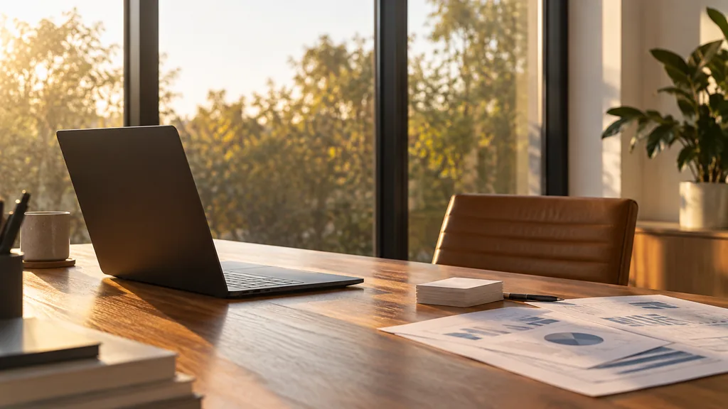 An empty workspace in a modern Braddon studio in late afternoon, a dark laptop beside printed ranking reports and a stack of index cards on a spotted-gum desk, floor-to-ceiling windows with warm amber light